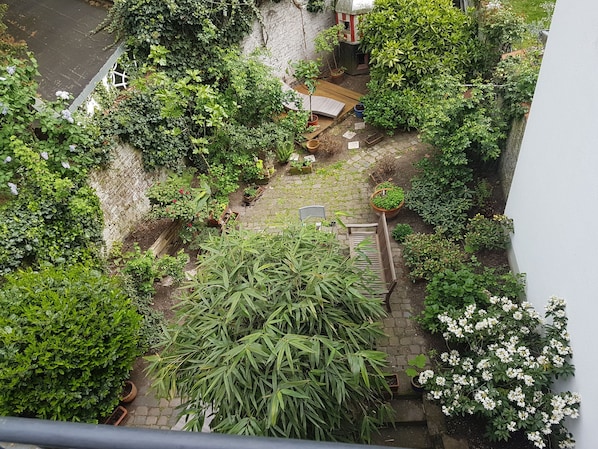 A rooftop garden with various potted plants, a wooden bench, and a small reading area. - Hotel Stern (Düsseldorf)