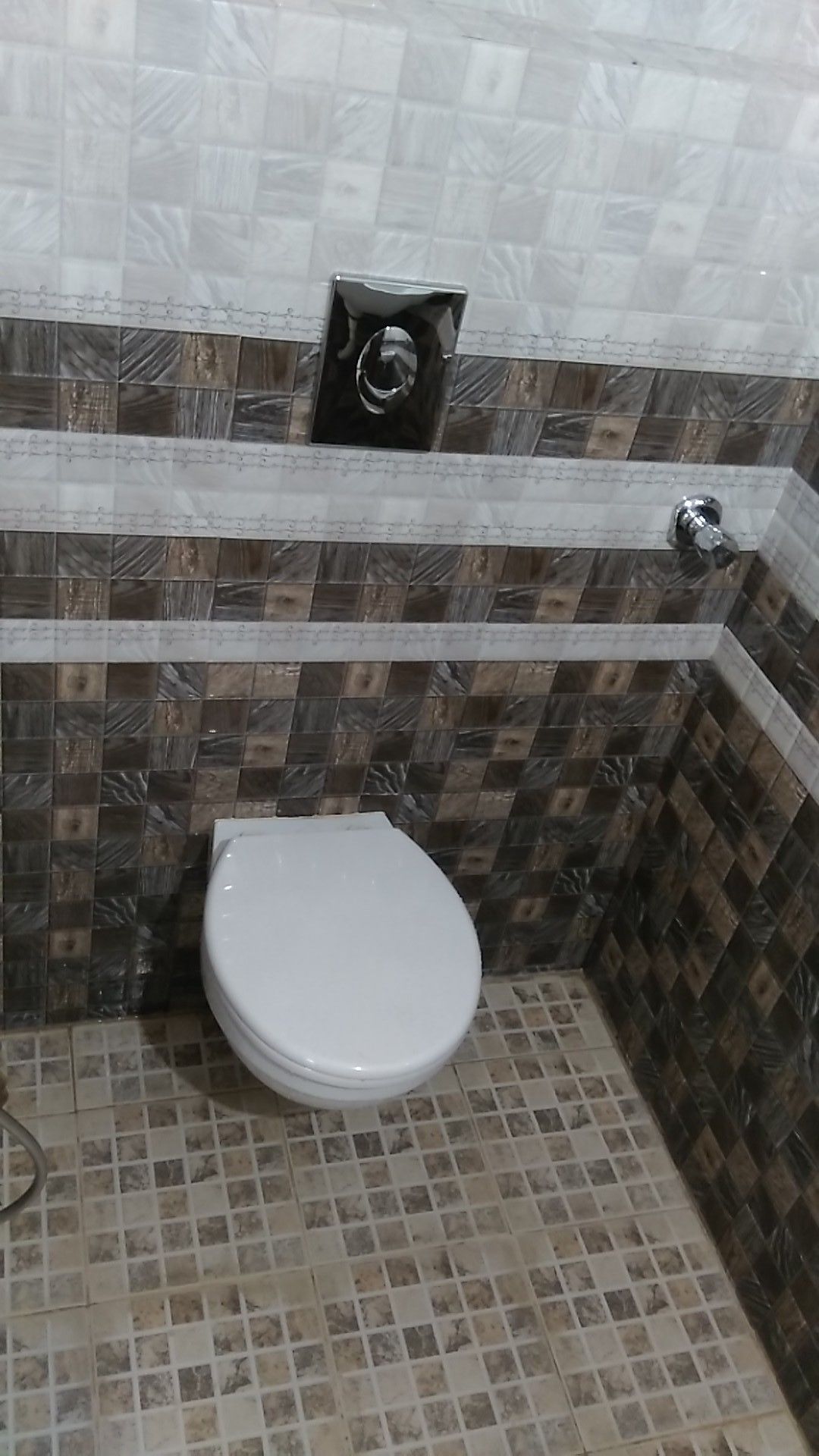 A small bathroom with a white toilet, tiled walls, and a shower area.