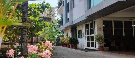 A paved street with potted plants and a building with a modern design.