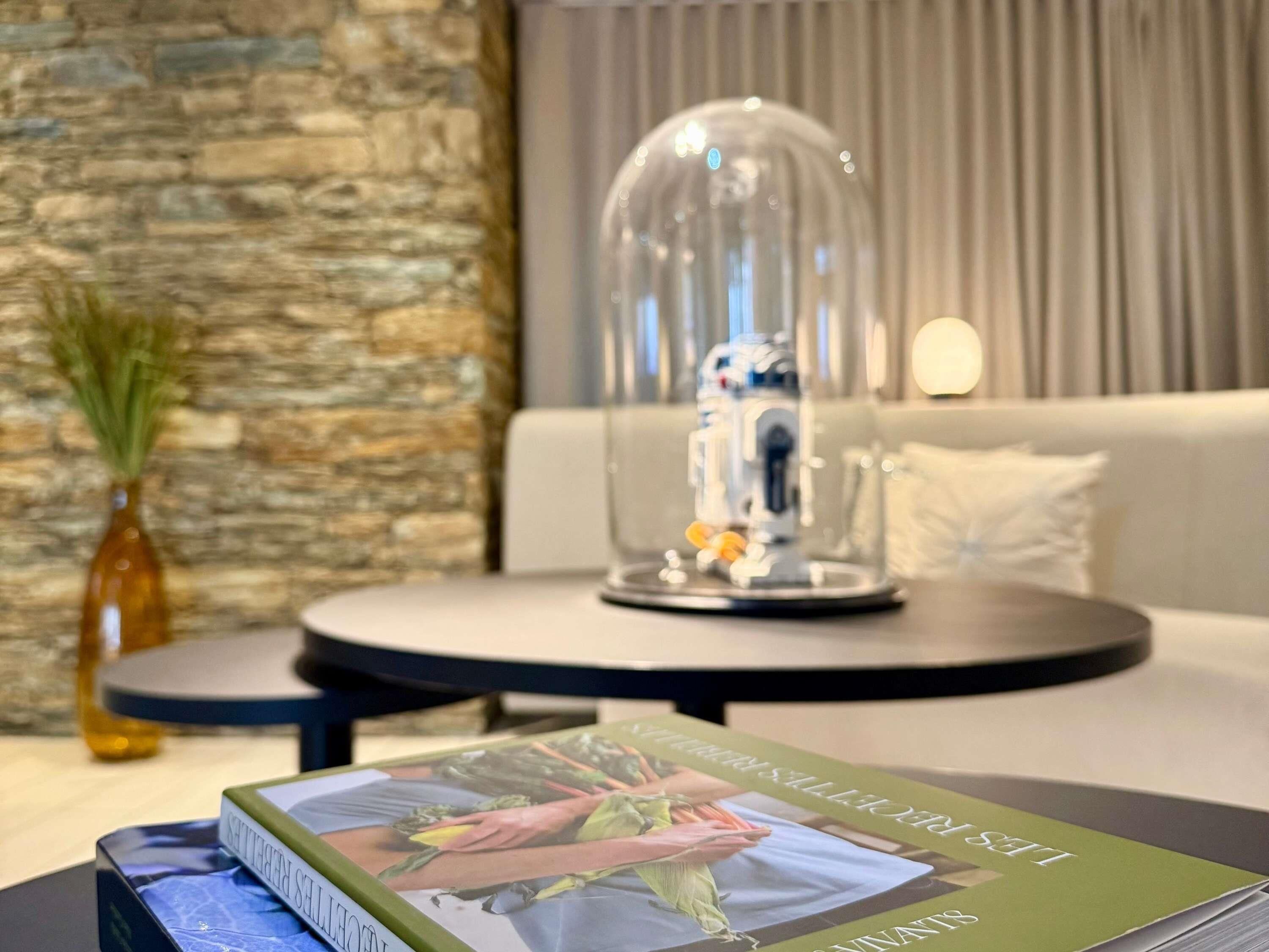 Una sala de estar moderna con una pared de piedra, una cúpula de vidrio, un sofá blanco y una mesa con un libro y un objeto decorativo.