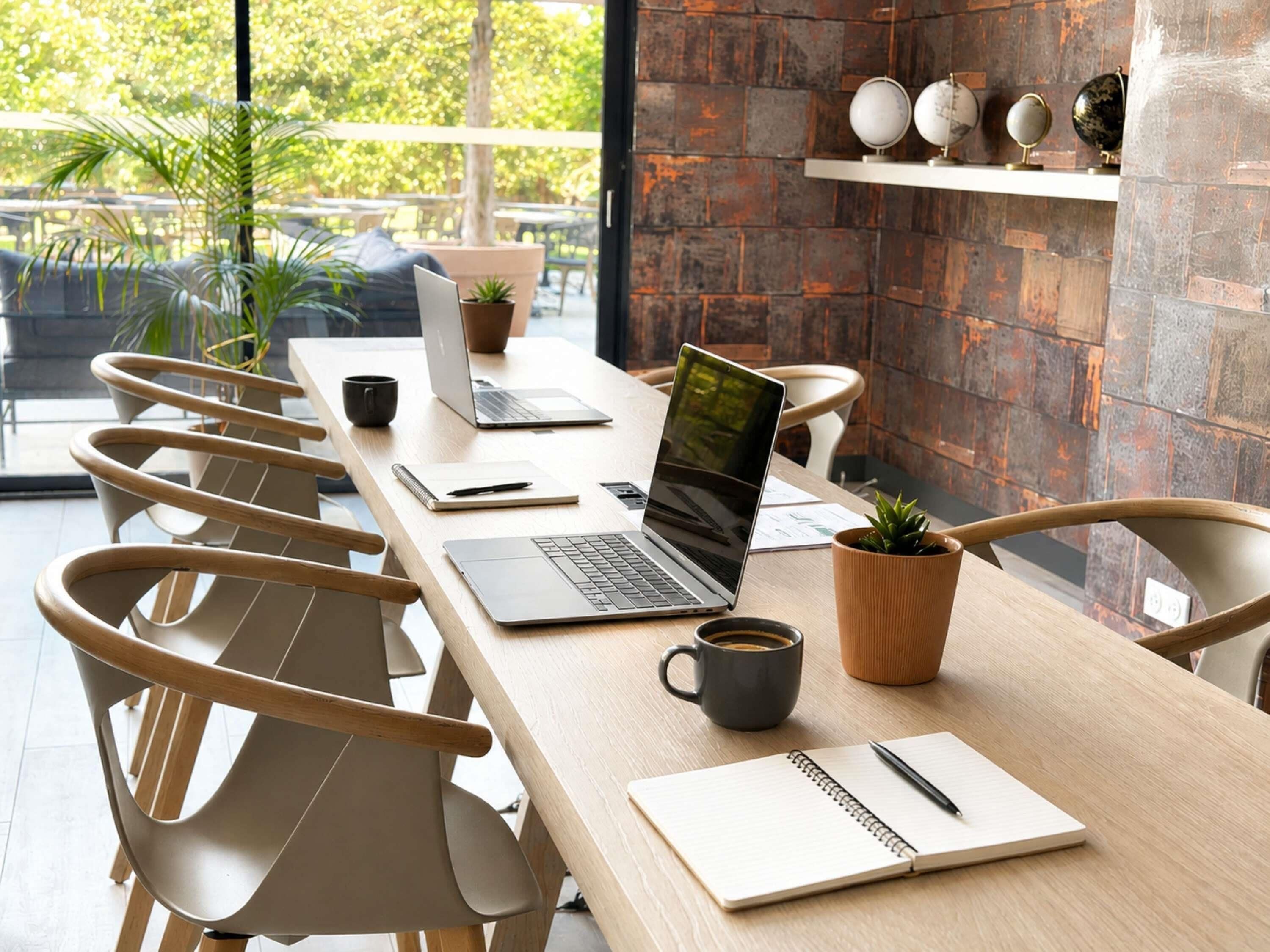 Una sala de reuniones moderna con una larga mesa, varias sillas, computadoras portátiles, cuadernos y tazas de café.