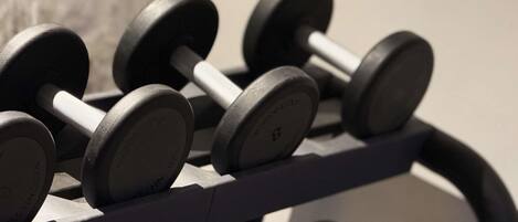 A set of black dumbbells on a rack.