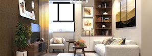 Quarto luxo (White Lotus - Garden or City View) | Sala de estar | TV de tela plana 32 polegadas com canais a cabo, TV