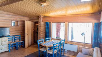 Cabin, 2 Bedrooms, Sauna | Living room | Flat-screen TV, fireplace