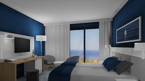 A modern hotel room with a large bed, a desk, a chair, a TV, and a view of the city. - Hotel Hel (Hel)