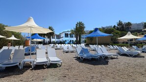 On the beach, sun-loungers, beach umbrellas