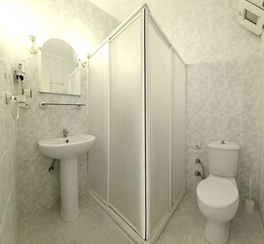 Shower, free toiletries, hair dryer, slippers