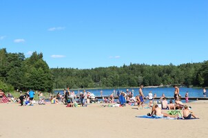Una playa con gente tomando el sol y nadando, rodeada de árboles y un lago.