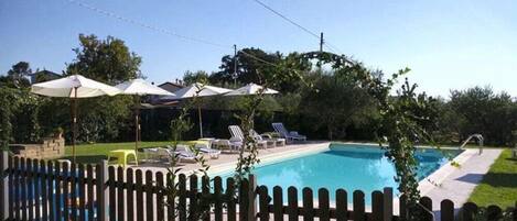 Seasonal outdoor pool, pool umbrellas, pool loungers