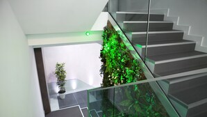 A modern staircase with glass railings and a green-lit vertical garden. - Valentina Beach (Las Palmas de Gran Canaria)