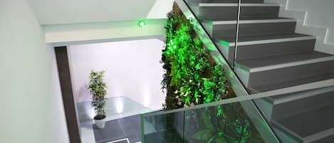 Un escalier moderne avec des rampes en verre et un jardin vertical illuminé de lumière verte.