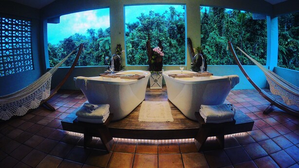 A spa area with two white tubs, a hammock, and a view of lush greenery.