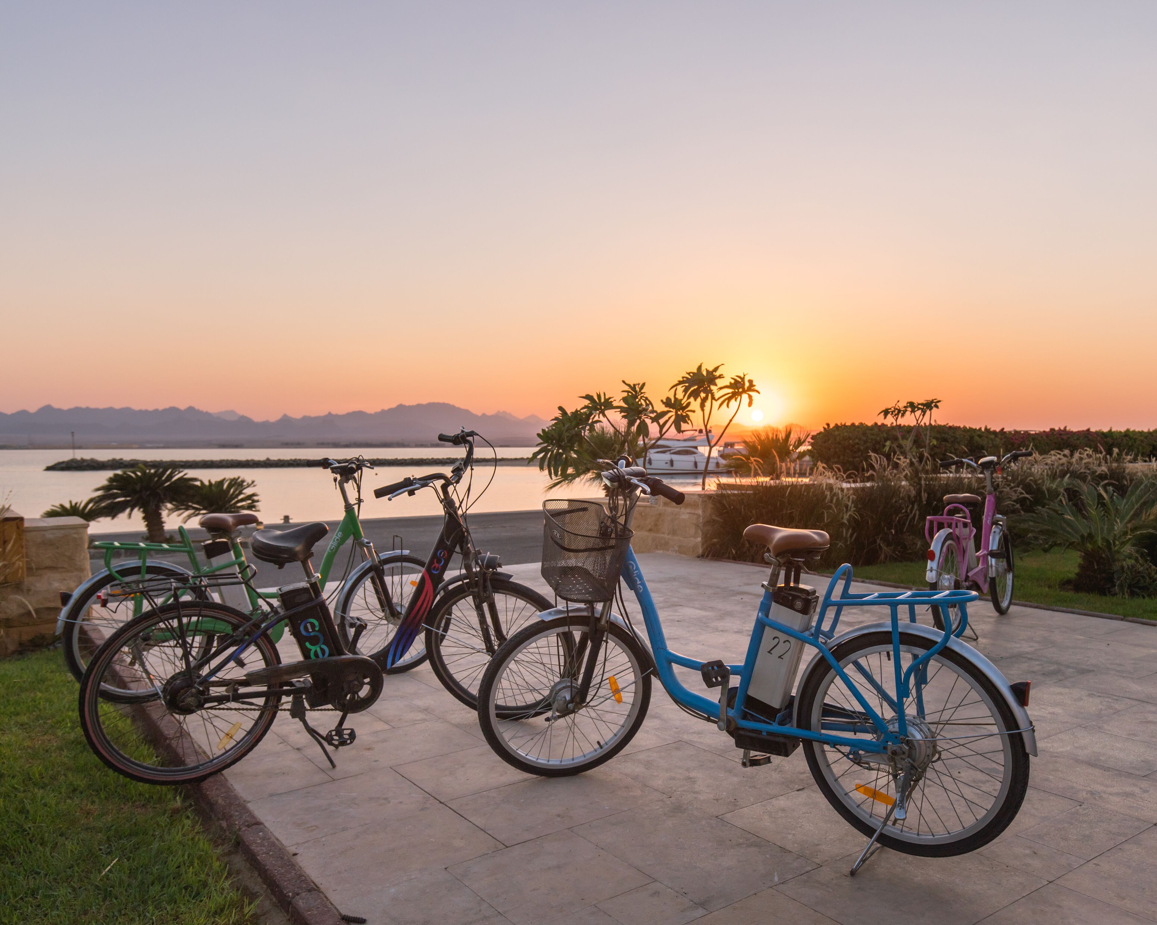 Bicycles parked on a paved area with a sunset view.