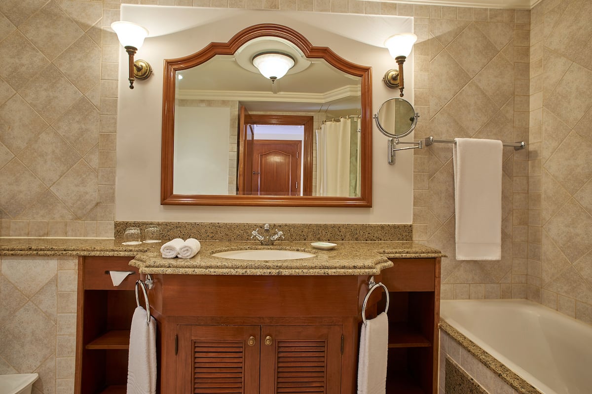 separate bathtub and shower, free toiletries, hair dryer, bathrobes