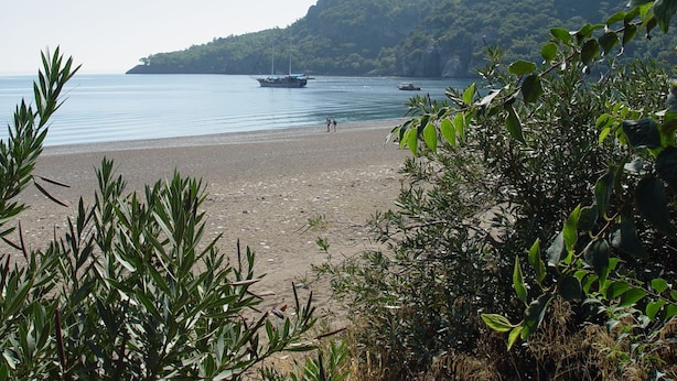 A beach with boats, a rocky cliff, and dense vegetation. - Hotel Yavuz Bungalow (Kemer)