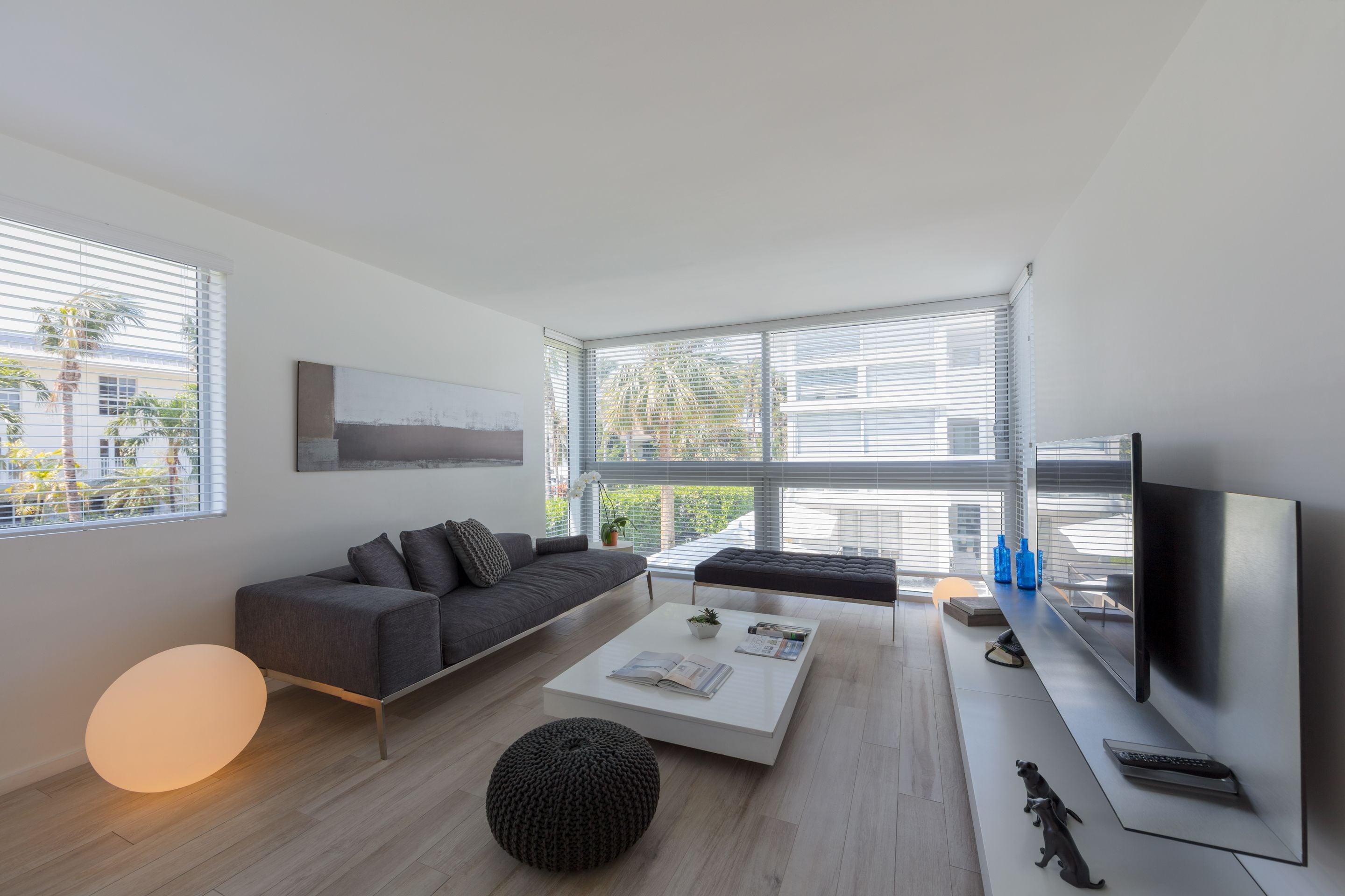 Un salon moderne avec un canapé gris, une table basse, un téléviseur et de grandes fenêtres.