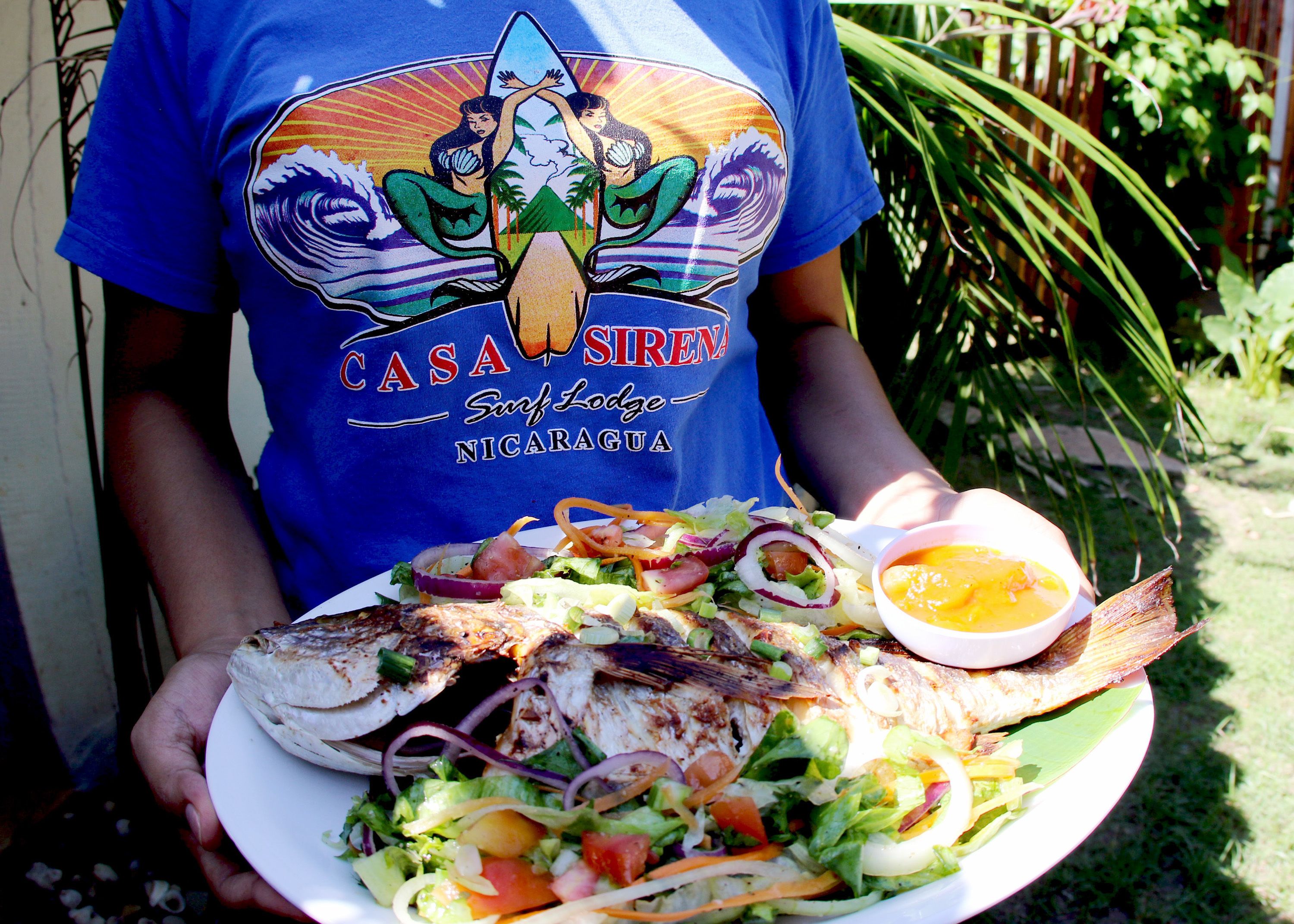 Una persona sosteniendo un plato con pescado a la parrilla, ensalada y un tazón de salsa.
