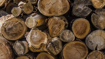 A close-up of stacked logs.