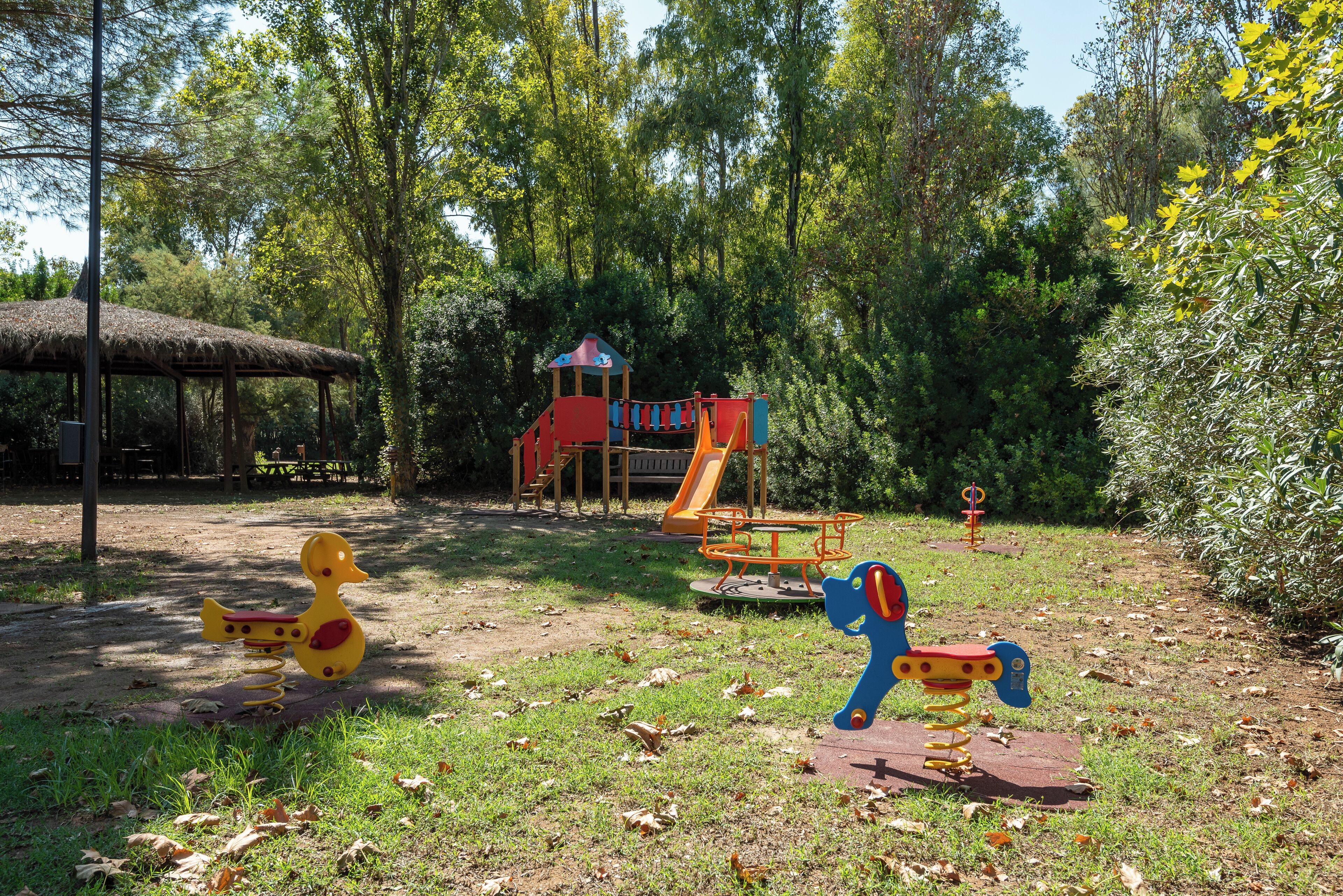 A playground with a slide, swings, and a climbing structure surrounded by trees.