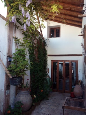 Une cour agrémentée d’une pergola en bois, de plantes en pot et d’un espace de détente extérieur au style rustique.
