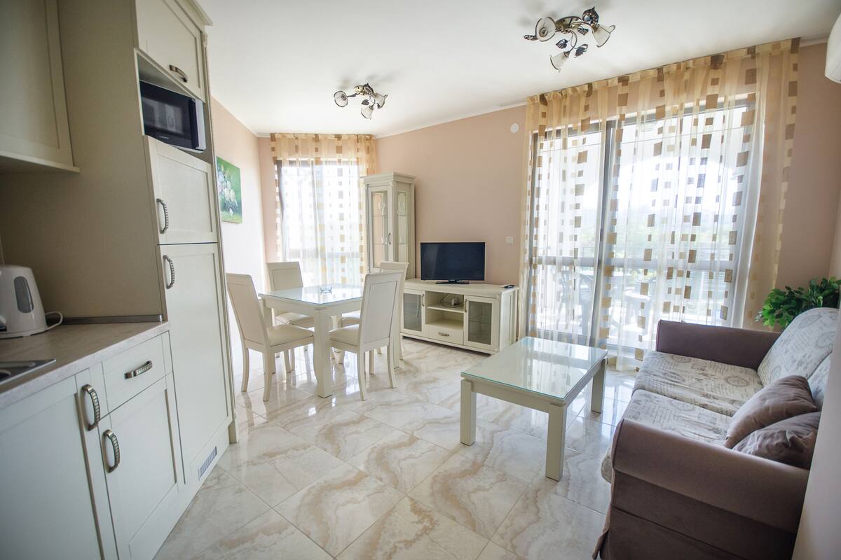 A living room with a sofa, a TV, a dining table with chairs, and a kitchen area with cabinets and a microwave.
