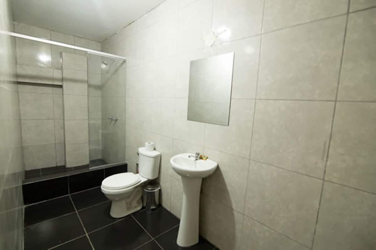 Shower, free toiletries, towels