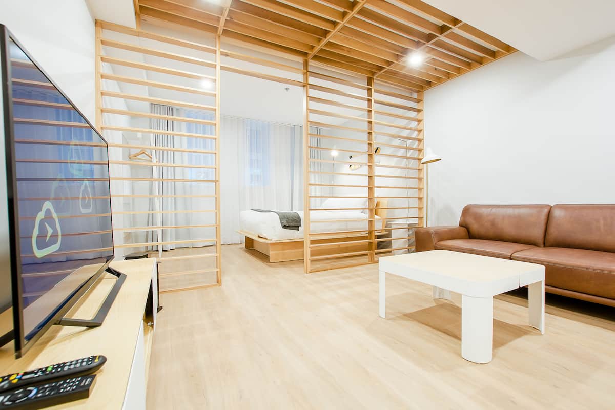 Loft, 1 cama de matrimonio con sofá cama (LC103) | Zona de estar | Televisión de pantalla plana de 35 pulgadas con canales por cable