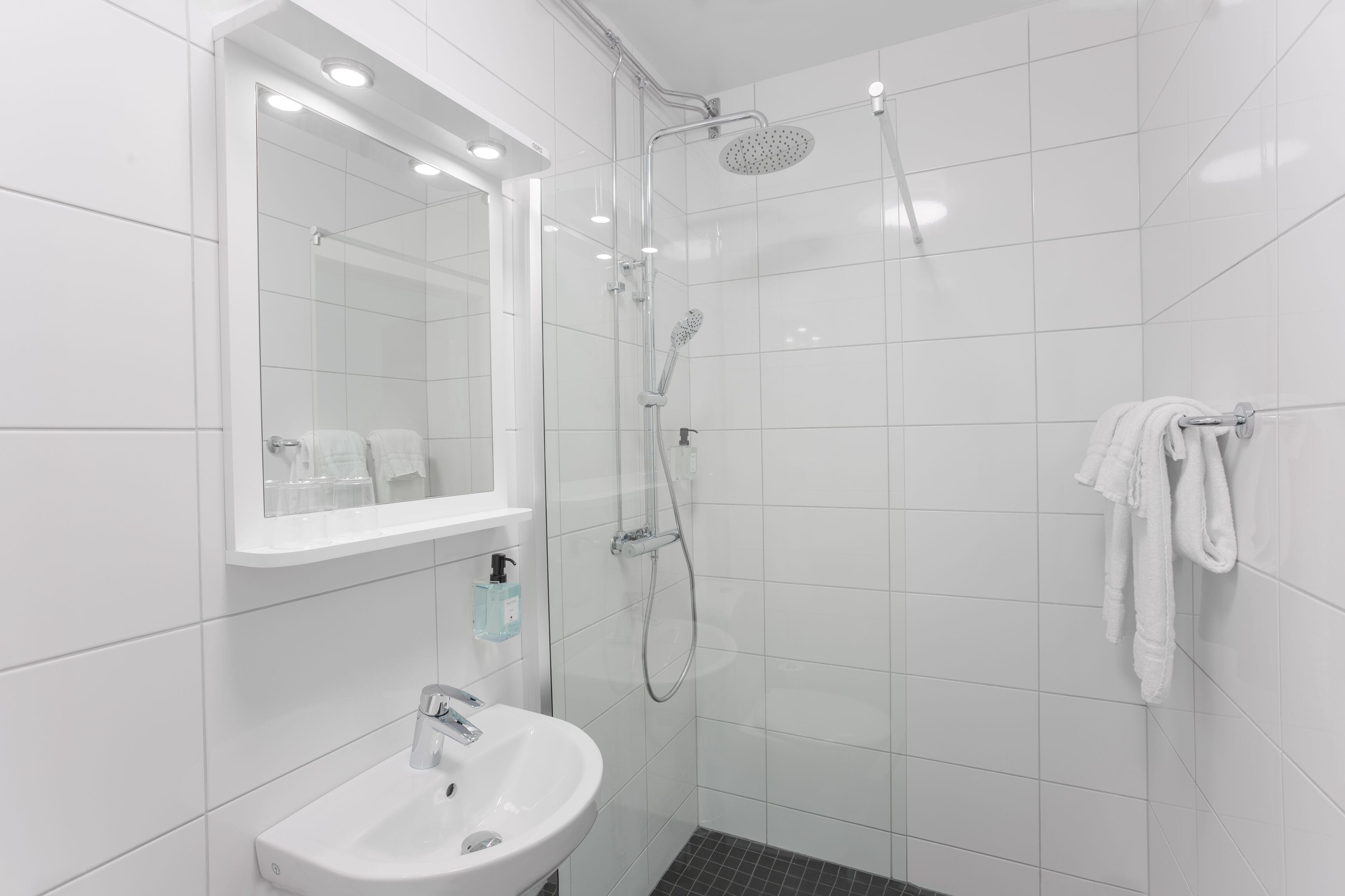 A modern bathroom with a glass-enclosed shower, a white sink, and a mirror above the sink.
