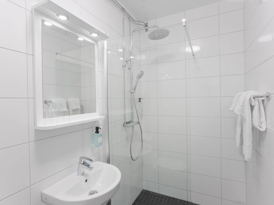 A modern bathroom with a glass-enclosed shower, a white sink, and a mirror above the sink.