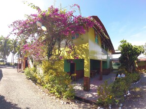A two-story building with a yellow facade and green trim, surrounded by a gravel driveway and various plants. - Hotel Maritza (Cahuita)