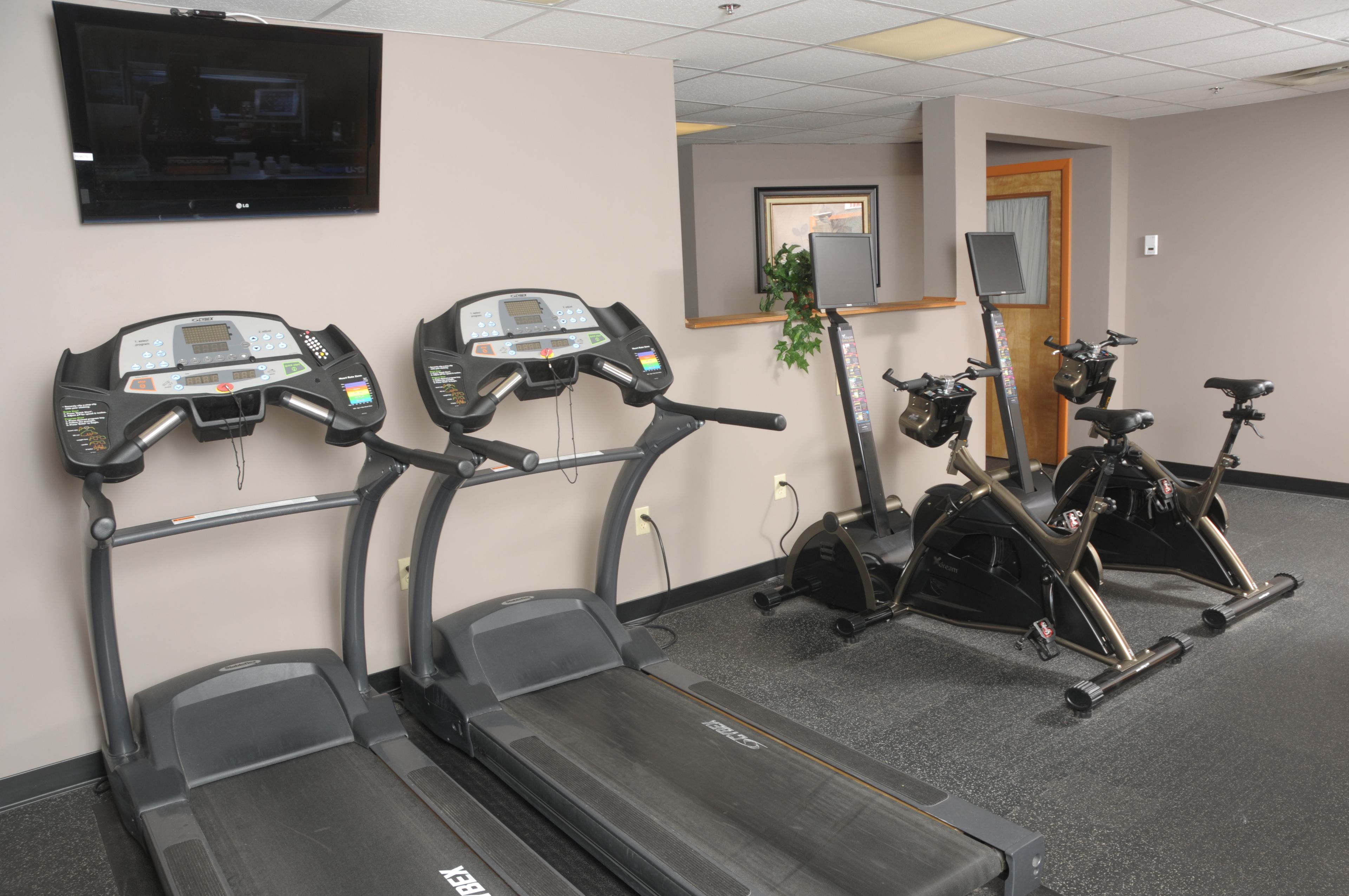 Un gimnasio con cintas de correr, elípticas y bicicletas estáticas.
