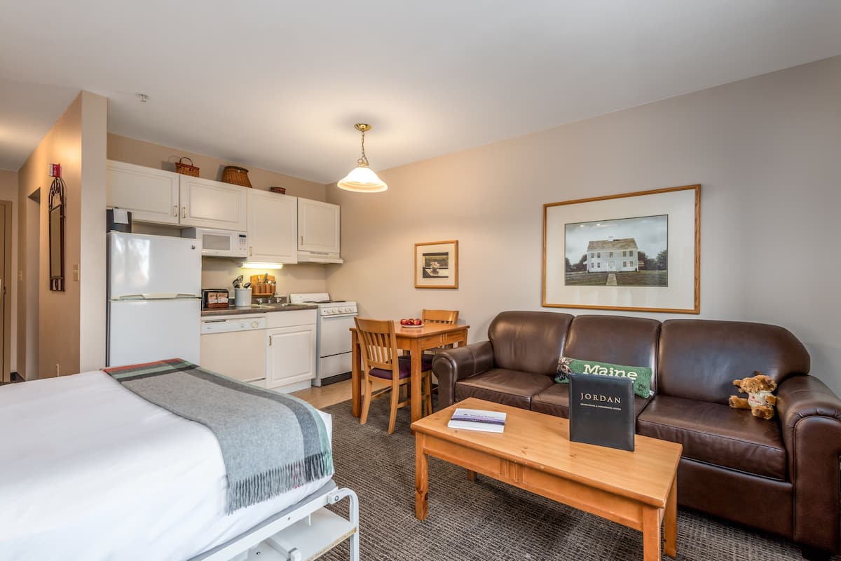Quarto de hotel compacto com cama, pequeno espaço de cozinha, área de refeições, sofá de couro e uma moldura na parede.