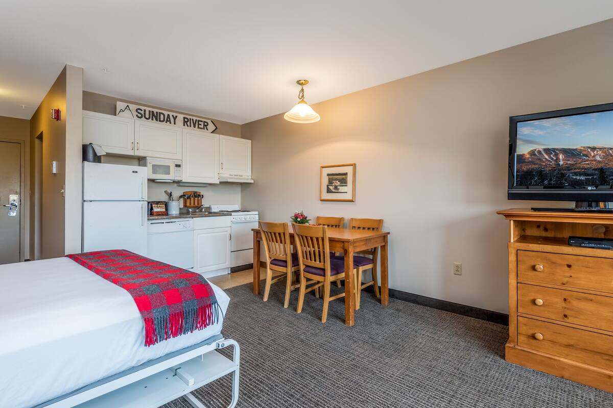 Quarto de hotel compacto com cama, cozinha compacta, área de refeições e televisão.