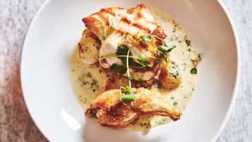 A white plate with a dish of roasted chicken and potatoes in a creamy sauce, garnished with herbs.