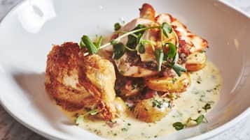 Une assiette blanche contenant un plat de poulet, de pommes de terre et de légumes verts, agrémenté d’herbes.