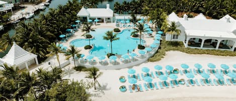 On the beach, sun loungers, beach umbrellas, beach towels