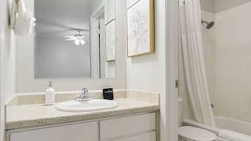 Eco-friendly toiletries, hair dryer, towels, soap