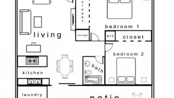 A floor plan with a living room, kitchen, laundry, two bedrooms, a bathroom, a closet, and a patio.