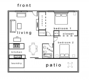 Un plan d’étage comprenant un salon, une cuisine, une buanderie, deux chambres, une salle de bain, un placard et une terrasse.