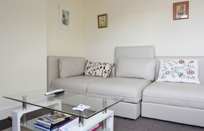 Smart-TV, peis, DVD-spiller og bøker