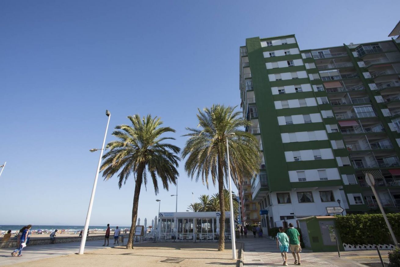 Un hôtel situé en bord de mer, avec une façade verte et blanche, des palmiers et un ciel dégagé.