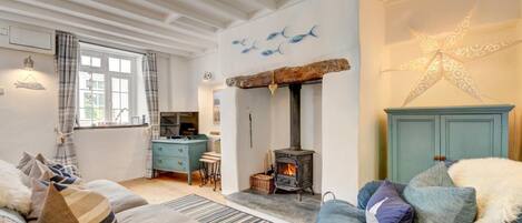 Fernseher, Kamin, Bücher