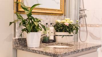 Un baño con encimera de granito, un lavabo blanco, un espejo con marco dorado, una planta en maceta y artículos de aseo.