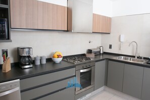 Luxury Apartment, 3 Bedrooms | Private kitchen | Full-size fridge, microwave, oven, stovetop - MdzApartments III - Merlot (Mendoza)