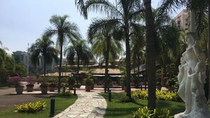 A paved pathway in a landscaped area with palm trees and potted plants.