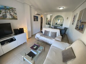 Smart-tv, dvd-spelare, böcker och ett filmbibliotek
