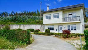 A two-story house with a paved driveway, surrounded by greenery and a clear blue sky.