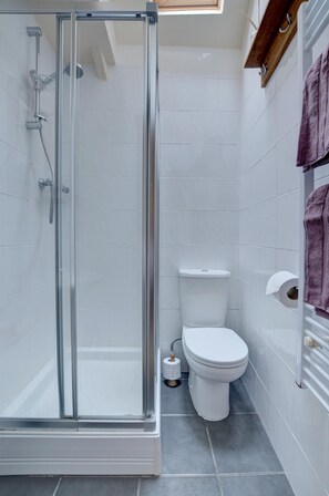 A modern bathroom with a glass-enclosed shower, a white toilet, and a towel rack with towels. - 1 Bed in Lynton (oc-denly) (Lynmouth)