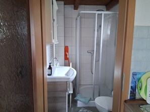 Dusche, Haartrockner, Handtücher, Seife