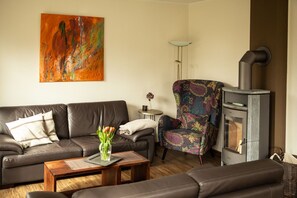 Smart TV, fireplace, DVD player, books